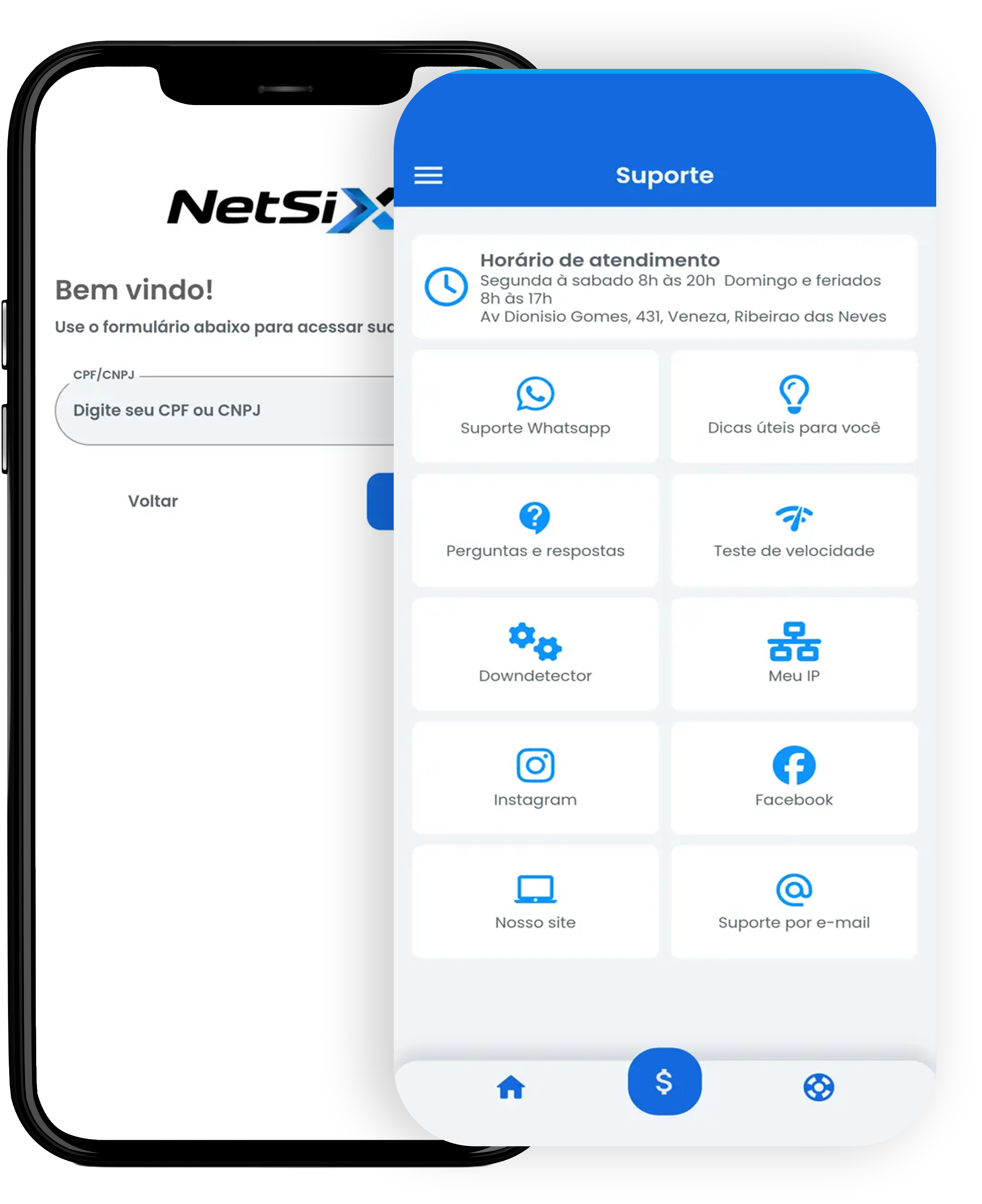 Telas do aplicativo da NETSIX em um celular e no desktop